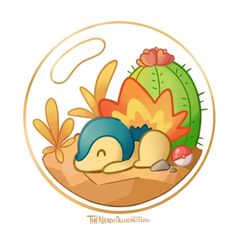 an image of a cartoon character sleeping on the ground next to cactus and cacti