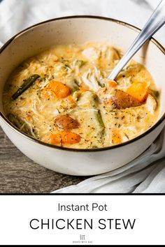 instant pot chicken stew in a white bowl