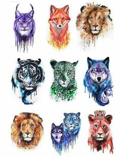 an image of wild animals painted in watercolors on white paper with paint drips