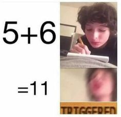 a boy is writing on a piece of paper with the words 5 - 6 = 1 = 11