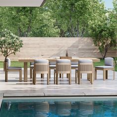 a dining table and chairs next to a swimming pool