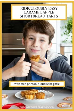 a young boy eating some apple shortbreads with the text ridiculous easy caramel apple shortbread tarts