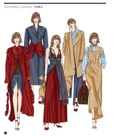 three women in long dresses and trench coats