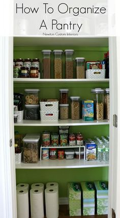 an organized pantry with green walls and white shelves filled with various food items, such as cereal