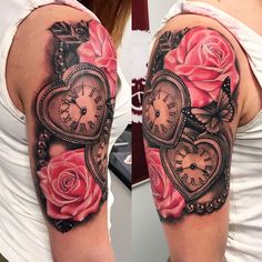 a woman's half sleeve with roses and an old pocket watch