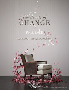 an advertisement for the beauty of change fall sale featuring a chair with petals falling from it