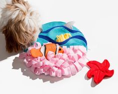 a dog laying on the floor next to a toy fish and its owner's hair