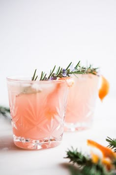 two glasses filled with pink liquid and garnished with orange slices on the rim