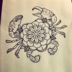 a drawing of a crab and flowers on a white sheet with black ink in the middle