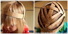 two pictures of a woman's head made out of cardboard strips