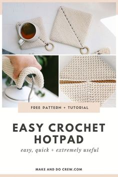 the easy crochet hot pad pattern is shown with instructions to make it easier