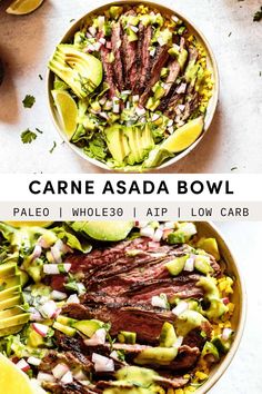 two bowls filled with steak and avocado salad