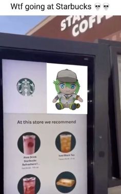 the starbucks sign has an image of a character on it