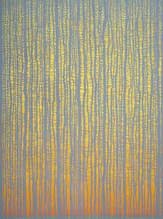 an abstract painting with yellow and blue lines on the bottom half of it, as well as