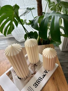 three white candles sitting on top of a wooden table next to a potted plant