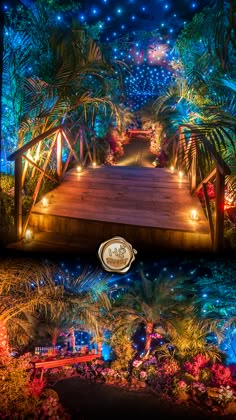 a wooden bridge surrounded by trees and lights