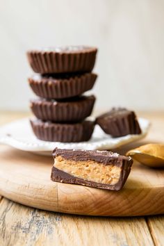 chocolate peanut butter cups stacked on top of each other