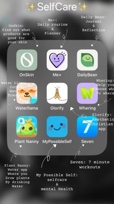 an iphone screen with many different icons and text on it, including the words self care