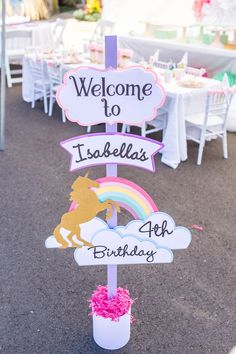 a sign that says welcome to tadella's 4th birthday with a unicorn on it