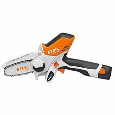 an orange and white cordless chainsaw on a white background with clippings