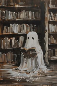 a painting of a ghost reading a book in front of a bookshelf full of books