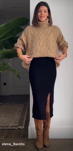 Winter Skirt And Sweater Outfits, Long Skirts And Sweaters Outfit, Pencil Skirt Boots Outfit, Woolen Skirt Outfit Winter, Ribbed Skirt Outfit Winter, Pencil Skirt Winter Outfit, Winter Pencil Skirt Outfits, Day Date Outfit Fall, Winter Corporate Fashion