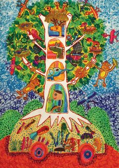 the tree is surrounded by many different things on it's branches and features images of people, animals, and birds