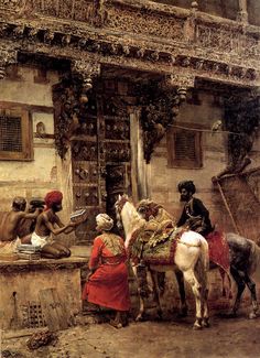 an old painting of people in front of a building carry - all pouch featuring the image of