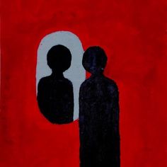 an abstract painting of two people standing in front of a red and white circle with black silhouettes on it