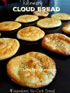 a close up of bread on a pan with the words rosemary cloud bread in front of it