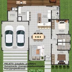 the floor plan for a house with two cars parked in front of it and an open patio