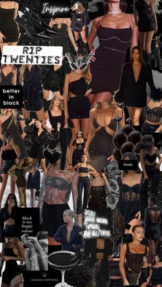 a collage of photos with different women in black dresses and hats, all dressed up