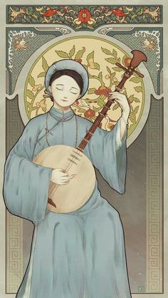 an illustration of a woman playing a lute