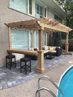 a patio with a table and chairs next to a swimming pool