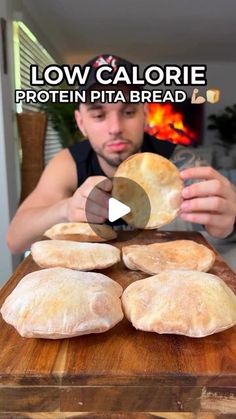 a man is making homemade pita bread on a cutting board with the words low calorie protein pizza bread