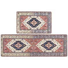 two rugs with different colors and designs on the sides, one is blue and red