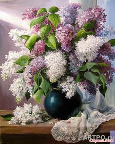 a painting of lilacs and other flowers in a vase on a window sill