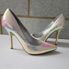 Iridescent White Mermaid Or Unicorn High Heel Pumps By Dune London, Size 7m, Eu 38. Nib. The Opalescent Pinkish White Hologram Like Mermaid High Heel Pumps Have A Heel About 4 Inches High. Textured Synthetic Upper And Pointed Toe With Padded Insole. New, Never Worn, Still In Original Box. Shoes Have Only Been Taken Out To Try On Inside. Mermaid Shoes Heels, Mermaid High Heels, Iridescent Heels, Dune London Shoes, Mermaid Heels, Iridescent Shoes, Mermaid Shoes, Coral Shoes, Mermaid High