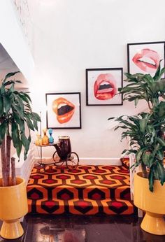 three potted plants sit on the floor in front of pictures and a rug with lips