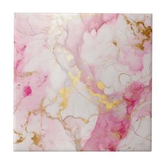 a pink and gold marble tile with white, yellow, and pink paint on it