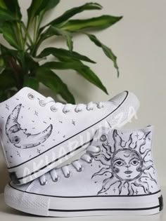 Sun and Moon Hand Painted Shoes / Stay Wild Moon Child | Etsy Converse High Tops Design, Painted Low Top Converse, Customized White Converse, White Converse Designs, Custom High Tops, White Converse Drawing On Shoes, Drawing On White Converse, White Converse Painting Ideas, Converse Shoe Art