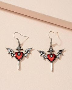 Color:Multicolor Style:Funky Details:Heart Type:Dangle Quantity:2 pcs Material:Zinc Alloy Gender:Women Heart Type, Red Heart Patterns, Heart With Wings, Ruby Earrings, Wing Earrings, Red Pattern, Girls Earrings, Ear Jewelry, Lebanon