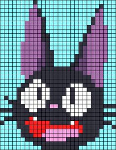 an image of a pixellated cat with big eyes and purple ears, on a blue background