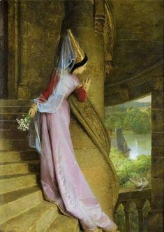 a painting of a woman in a pink dress and veil leaning against a stone wall