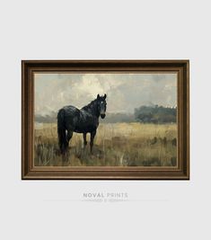 a painting of a black horse in a field