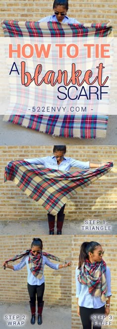 How to wear a blanket scarf: classic blanket edition! Check out other great ways to tie this plaid blanket scarf HERE!  {FYI} Plaid blanket scarves are only $25.00 at www.522envy.com right now! Plad Skirt, Áo Blu