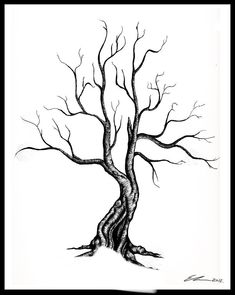 a black and white drawing of a bare tree