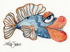 a drawing of a blue and orange fish with white stripes on it's face