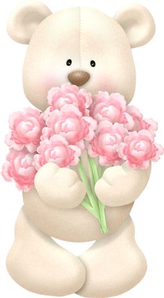 a white teddy bear holding pink flowers with the words big hug on it's chest