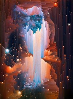 an image of a waterfall in the sky with stars and clouds around it, as if from outer space